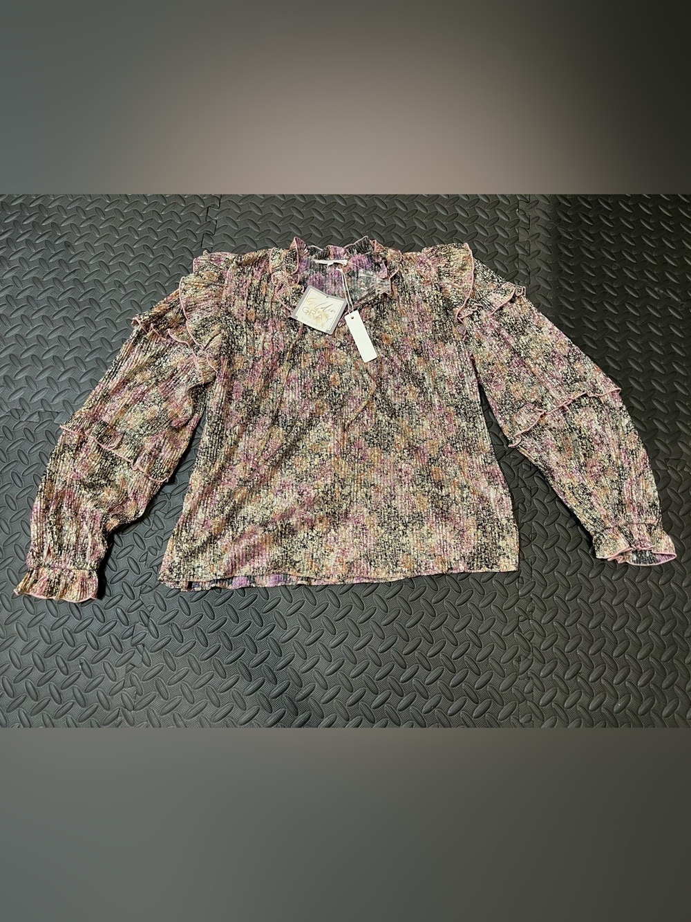 Multicolor Floral Ruffle Blouse in Pink, Cream and Black